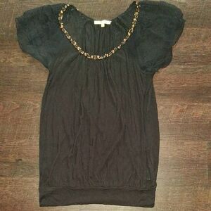 Chic Black Women's Blouse with Beaded Neckline